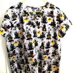 Halloween Scrub Top Spooky Ghosts & Haunted Houses Lrg Ziki 2 Pockets